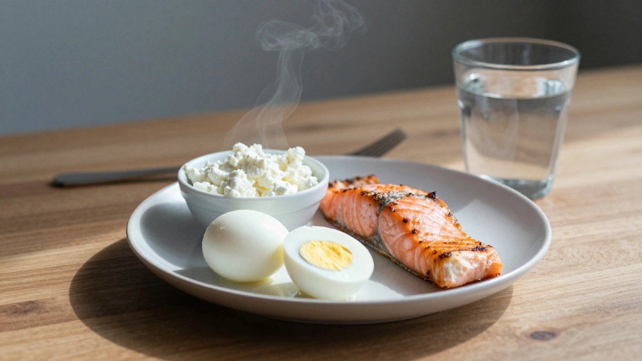 Завтрак с высоким содержанием белка: яйца, творог и лосось, подан на деревянном столе с холодной водой.