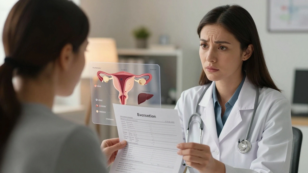 Женщина смотрит на результаты анализа крови в кабинете врача, на фоне силуэтов возможных опухолей.