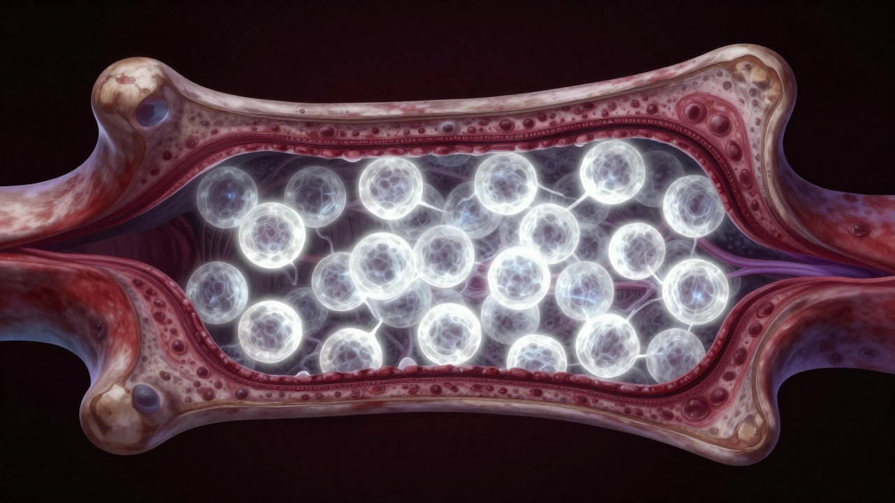 Анатомическое изображение костного мозга с избытком раковых лейкоцитов, создающих давление.