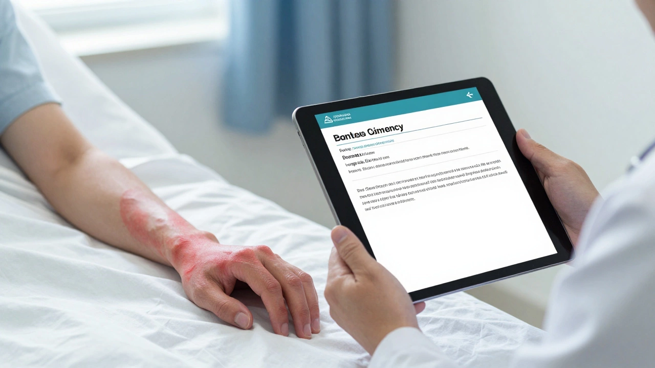 Бледная рука пациента и врач с результатами анализа крови на планшете