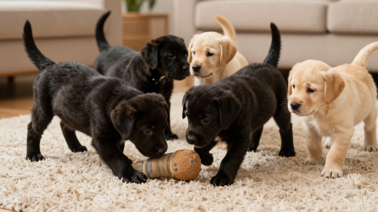 Группа черных и желтых щенков лабрадора играют вместе на ковре в уютной комнате.