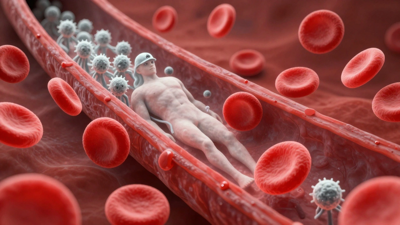 Концептуальное изображение эритроцитов и лейкоцитов в сосуде при воспалении