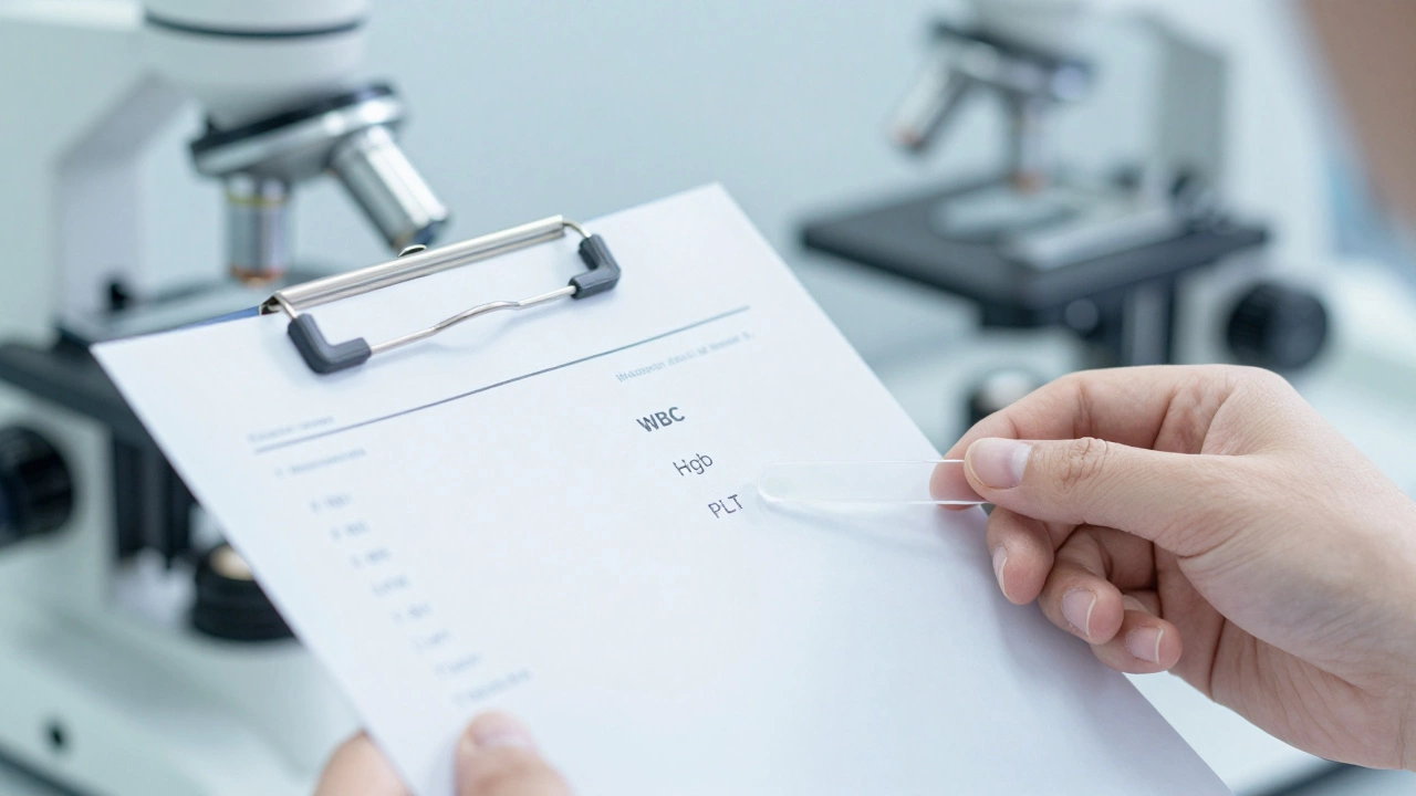 Медицинский бланк анализа крови и микроскопический препарат в стерильной лаборатории.