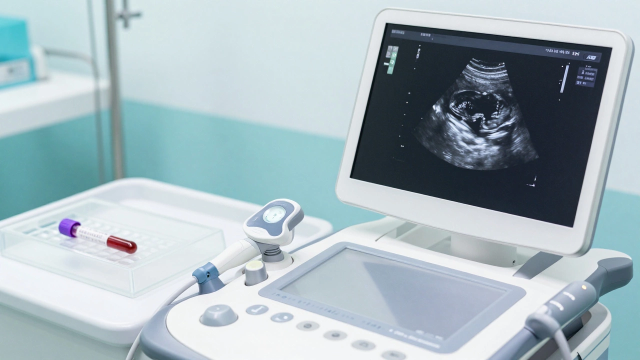 Медицинское оборудование для диагностики: датчик УЗИ, планшет с изображением печени и пробирка с кровью