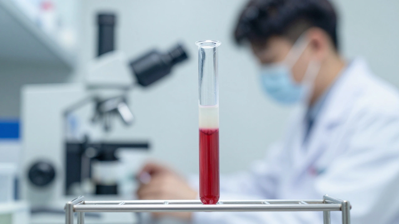 Пробирка с образцом крови в современной медицинской лаборатории