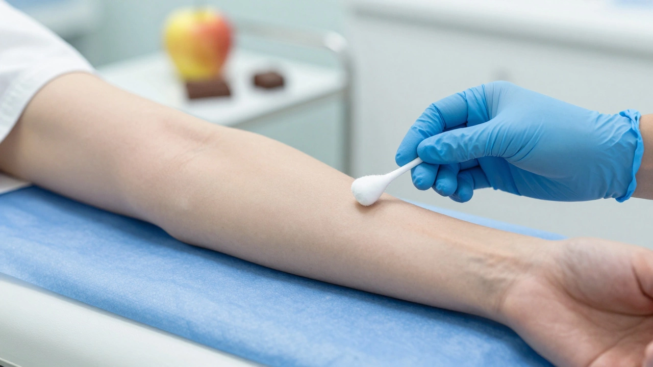 Процесс подготовки руки к забору крови в светлом медицинском кабинете.