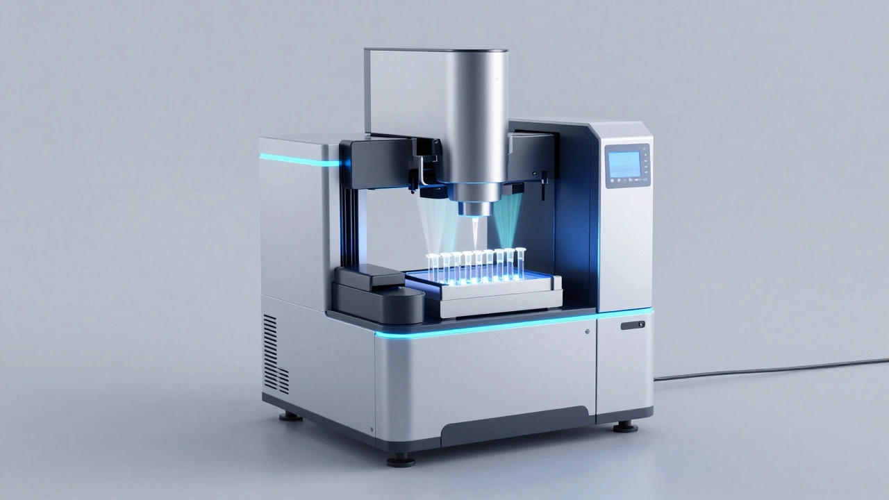 Современный автоматический анализатор в медицинской лаборатории в процессе работы