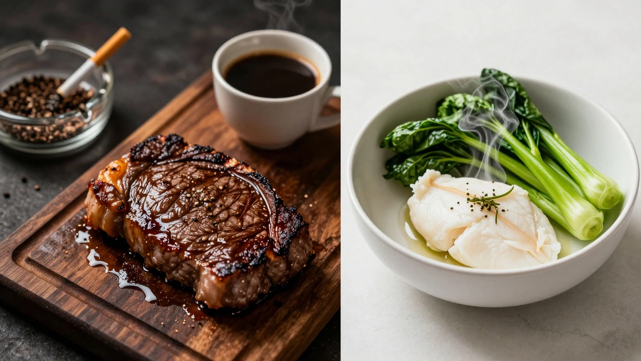 Сравнение вредной жирной пищи и легкого здорового ужина для правильной подготовки к анализу крови.