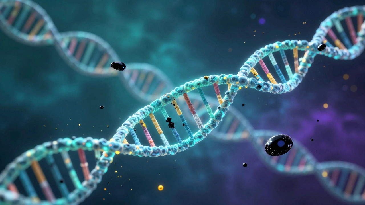 Стилизованная модель ДНК с черными и желтыми пигментами на темном фоне.