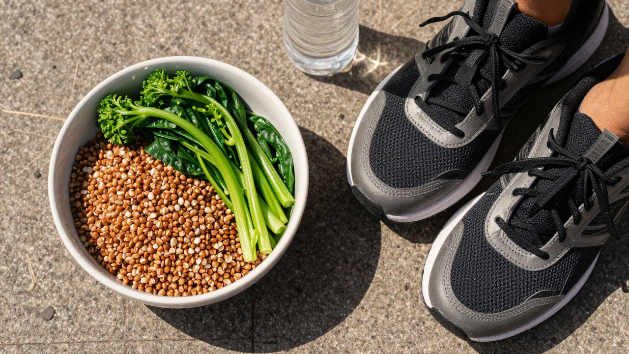 Здоровая еда с гречкой и спортивная обувь как символ контроля сахара.